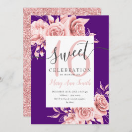 Invitación Rosa Gold Floral & Purpurina Sweet 16 Script Purpl