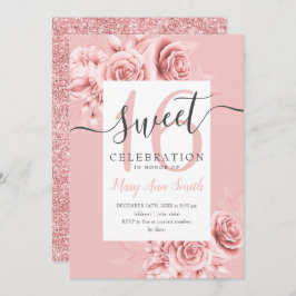 Invitación Rosa Gold Floral & Purpurina Sweet 16 Script Rubor