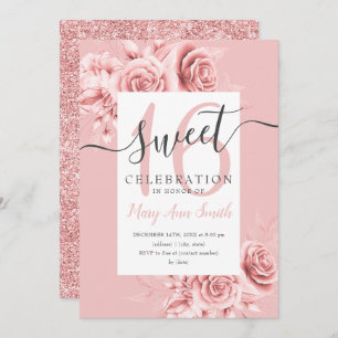 Invitación Rosa Gold Floral & Purpurina Sweet 16 Script Rubor