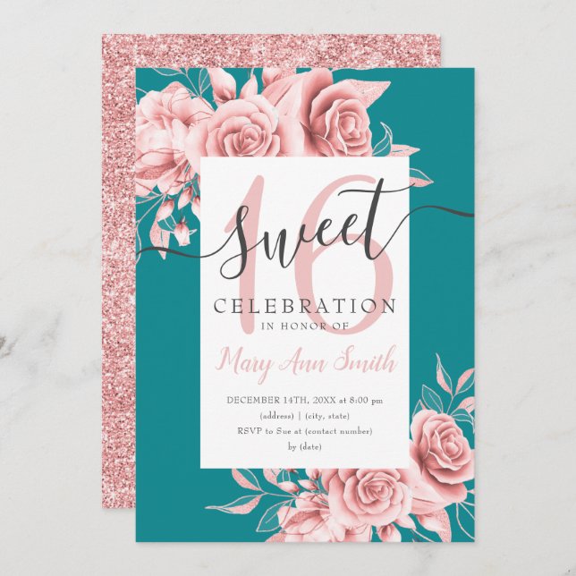 Invitación Rosa Gold Floral & Purpurina Sweet 16 Script Verde (Anverso / Reverso)