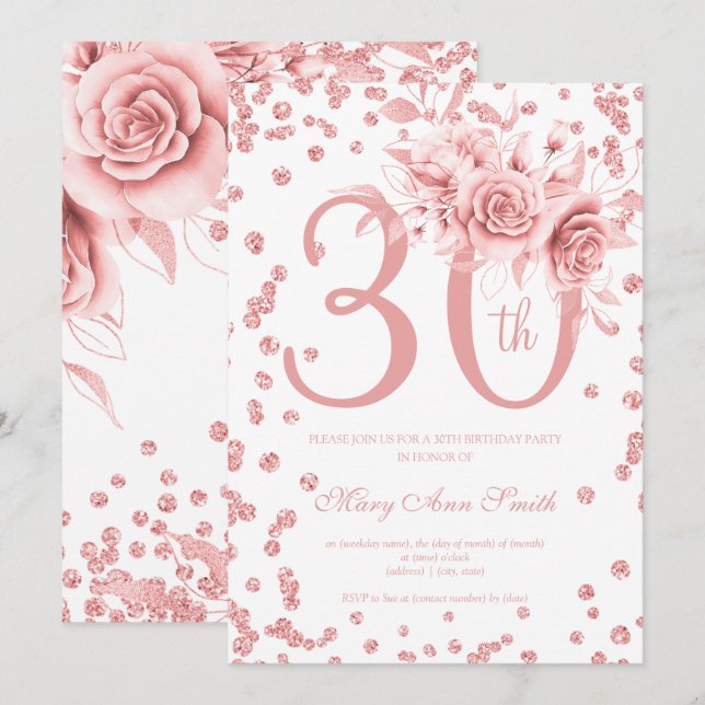 Invitación Rosa Gold Floral y Confetti 30 cumpleaños Fiesta (Anverso / Reverso)