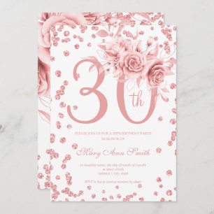 Invitación Rosa Gold Floral y Confetti 30 cumpleaños Fiesta