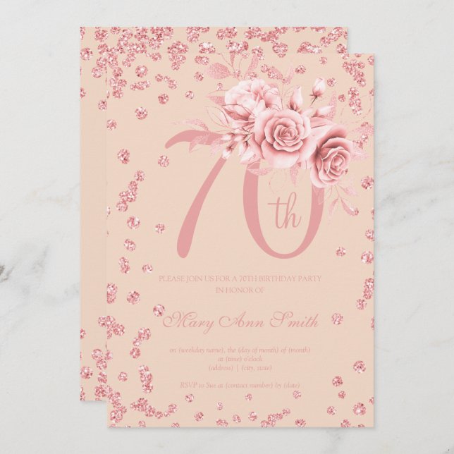 Invitación Rosa Gold Floral y Confetti 70º cumpleaños Rubor  (Anverso / Reverso)