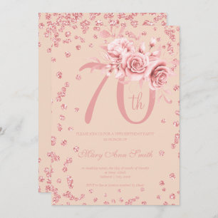 Invitación Rosa Gold Floral y Confetti 70º cumpleaños Rubor 