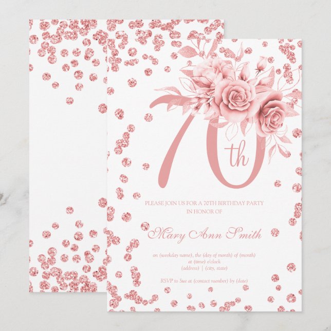 Invitación Rosa Gold Floral y Confetti 70 cumpleaños (Anverso / Reverso)