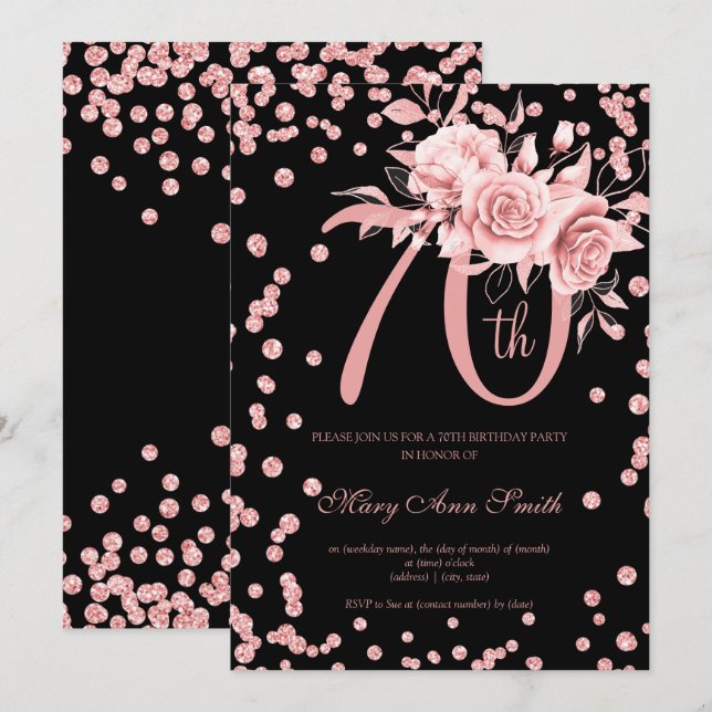 Invitación Rosa Gold Floral y Confetti 70 cumpleaños negro  (Anverso / Reverso)