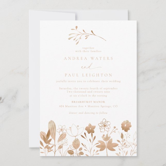 Invitación Rosa Gold Florals | Elegante Boda de Flores Boho (Anverso)