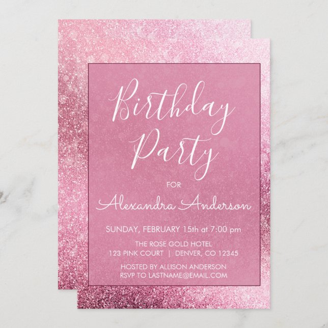 Invitación Rosa Gold Girly Purpurina Sparkle Cualquier Cumple (Anverso / Reverso)
