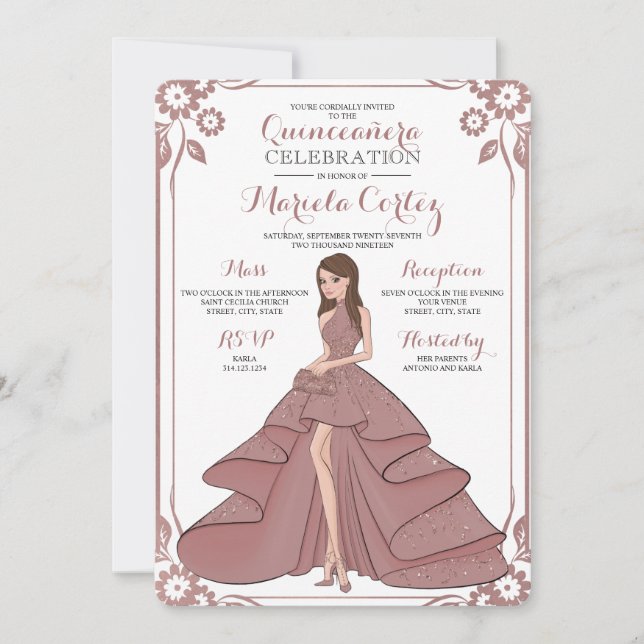 Invitación Rosa Gold Glam Chica Quinceañera (Anverso)