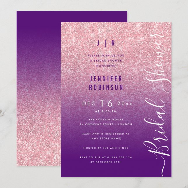 Invitación Rosa Gold Glam Purpurina Script Bridal Shower Purp (Anverso / Reverso)