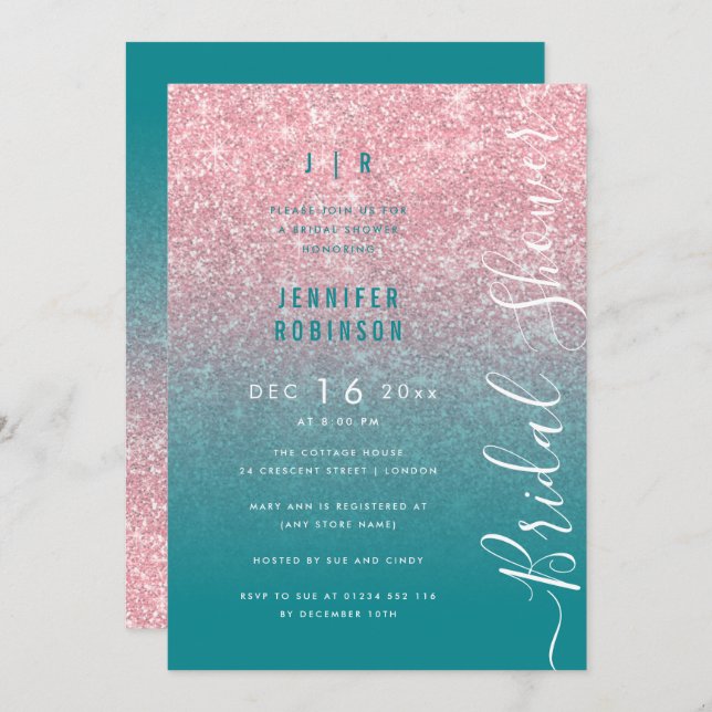 Invitación Rosa Gold Glam Purpurina Script Bridal Shower Verd (Anverso / Reverso)