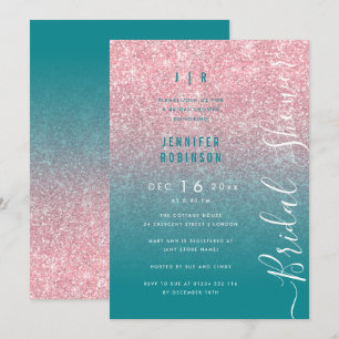 Invitación Rosa Gold Glam Purpurina Script Bridal Shower Verd