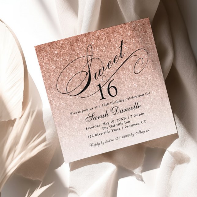 Invitación Rosa Gold Glam Purpurina Sweet 16 Squar (Subido por el creador)