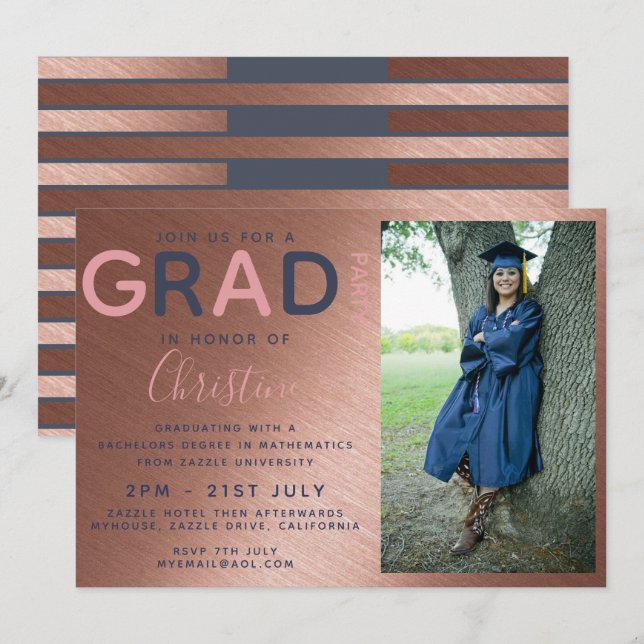 Invitación Rosa Gold GRADUATION PHOTO Invitado a la Marina (Anverso / Reverso)