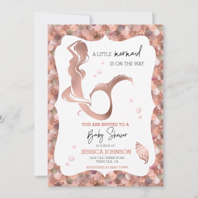 Invitación Rosa Gold Little Mermaid Baby Shower (Anverso)