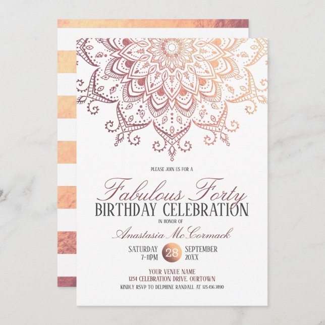 Invitación Rosa Gold Mandala Fabulous 40 Birthday Party (Anverso / Reverso)