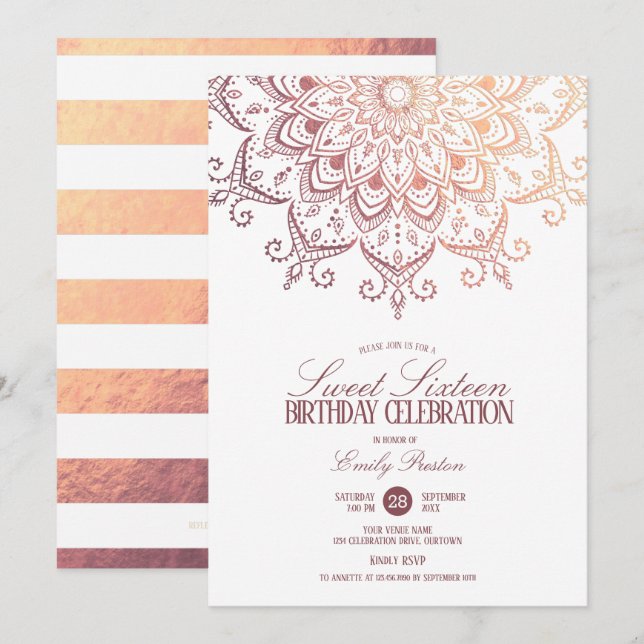 Invitación Rosa Gold Mandala Sweet 16 Fiesta (Anverso / Reverso)