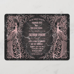 Invitación Rosa Gold Marble Art Deco Peacocks Senior Prom