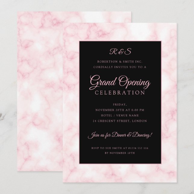 Invitación Rosa Gold Marble Corporate Grand Opening Black  (Anverso / Reverso)