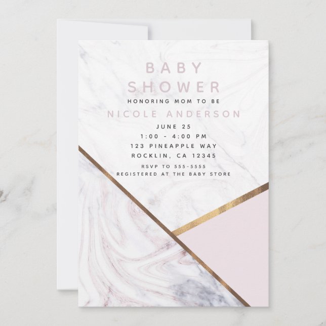 Invitación Rosa Gold Marble Swirl Rubor Pink Baby Shower (Anverso)