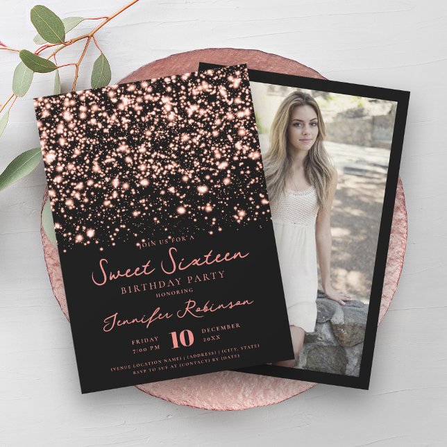 Invitación Rosa Gold Midnight Glam Photo Sweet 16 (Rose Gold Midnight Glam Photo Sweet 16 Invitation)