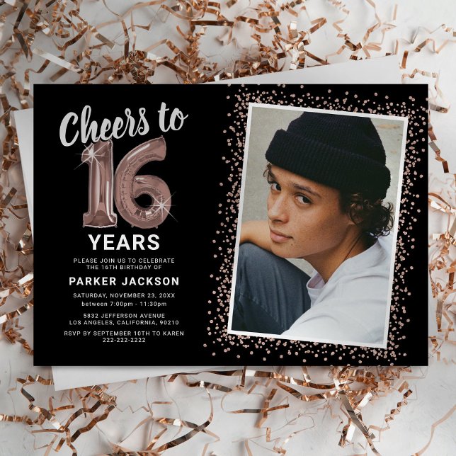 Invitación Rosa Gold Modern 16th Birthday Photo (Subido por el creador)