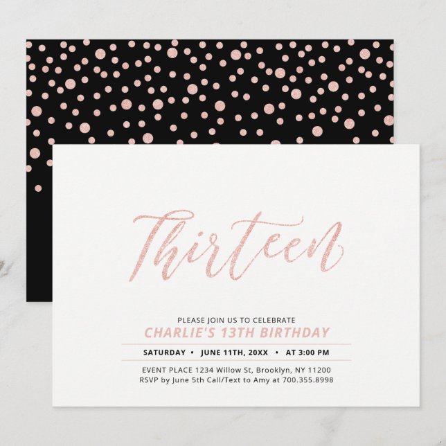 Invitación Rosa Gold Modern Lettering 13th Birthday Party (Anverso / Reverso)