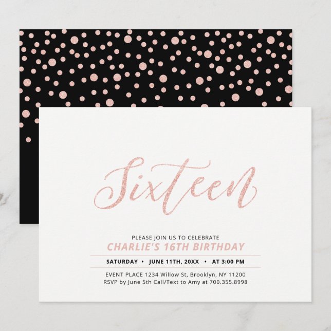 Invitación Rosa Gold Modern Lettering 16th Birthday Party (Anverso / Reverso)