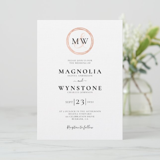 Invitación Rosa Gold Monogram Linen Boda de lujo (Anverso de pie)