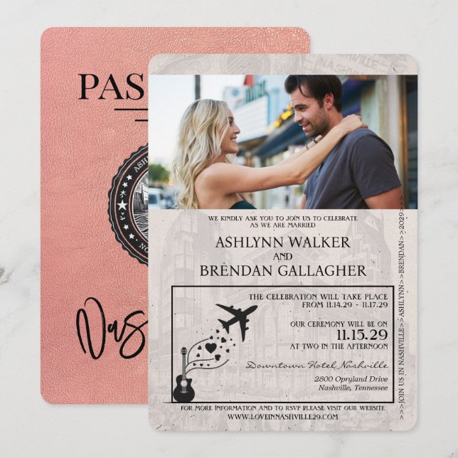 Invitación Rosa Gold Nashville Passport Boda (Anverso / Reverso)