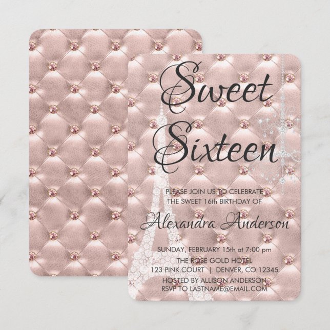 Invitación Rosa Gold Paris Dulce Fiesta de Cumpleaños (Anverso / Reverso)