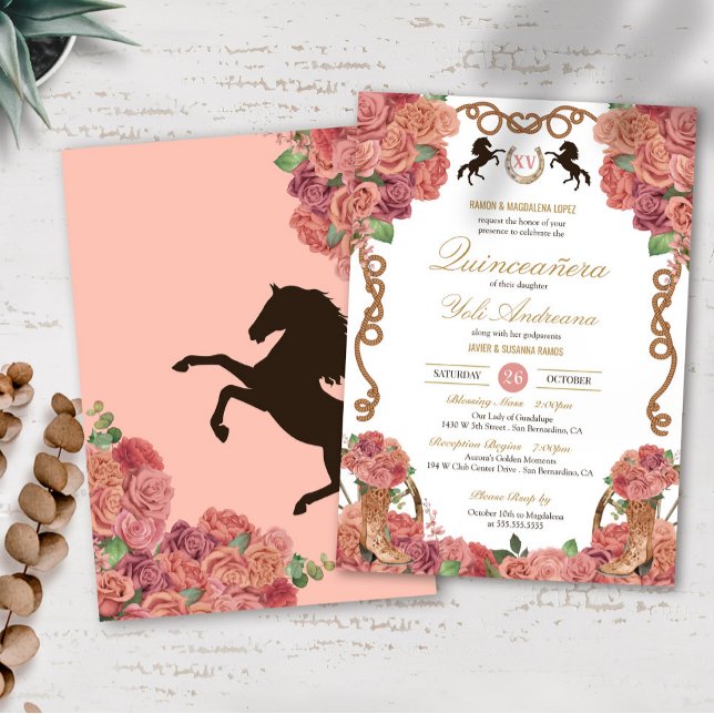 Invitación Rosa Gold Peach Floral Charro Ranch Quinceañera (Subido por el creador)