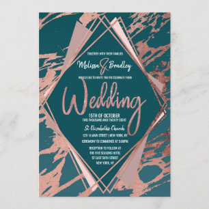 Invitación Rosa Gold Peacock Verde azulado Boda de diamantes