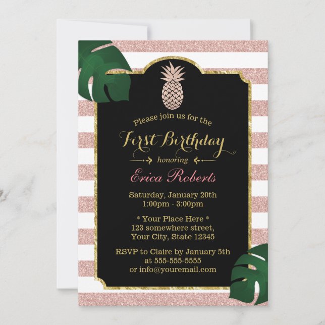 Invitación Rosa Gold Pineapple Moderno Stripes Primer Cumplea (Anverso)