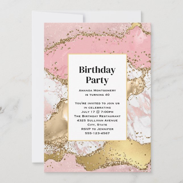Invitación Rosa Gold Pink Marble Resumen Cumpleaños (Anverso)