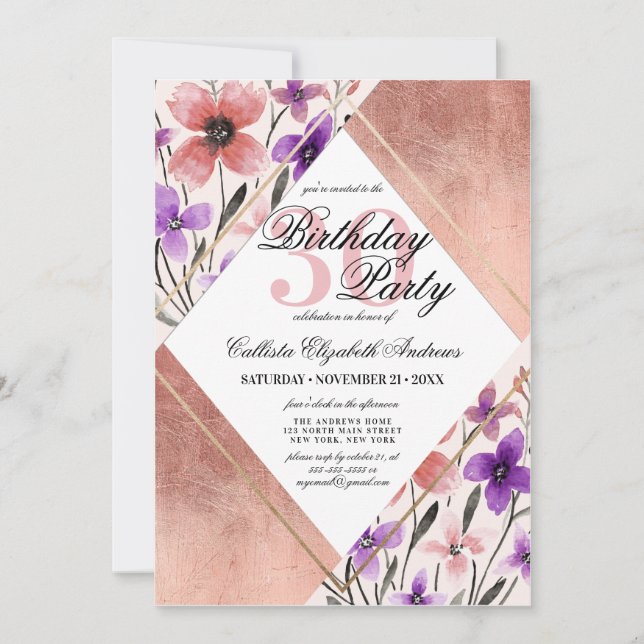 Invitación Rosa Gold Pink Purple Flower Watercolor Cumpleaños (Anverso)