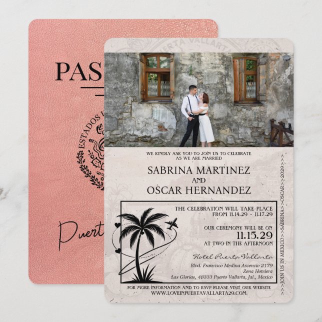 Invitación Rosa Gold Puerta Vallarta Boda de Pasaportes (Anverso / Reverso)
