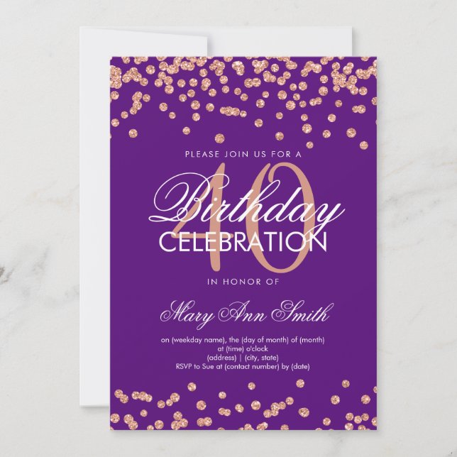 Invitación Rosa Gold Purple 40 cumpleaños Purpurina Confetti (Anverso)