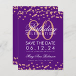 Invitación Rosa Gold Purple 80th Birthday Save Date Confetti<br><div class="desc">Elegante diseño "80th Birthday Party" con el Rosa Purpurina Gold Faux Confetti Purple y el nombre y detalles personalizados texto. Fácil de usar y fácil de personalizar. ¡Pida hoy!</div>