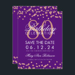 Invitación Rosa Gold Purple 80th Birthday Save Date Confetti<br><div class="desc">Elegante diseño "80th Birthday Party" con el Rosa Purpurina Gold Faux Confetti Purple y el nombre y detalles personalizados texto. Fácil de usar y fácil de personalizar. ¡Pida hoy!</div>