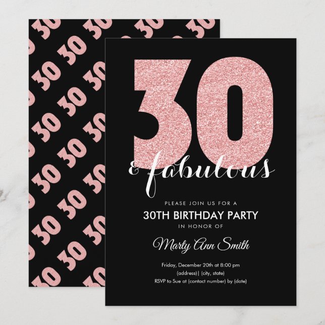 Invitación Rosa Gold Purpurina 30 y fabulosa fiesta de cumple (Anverso / Reverso)