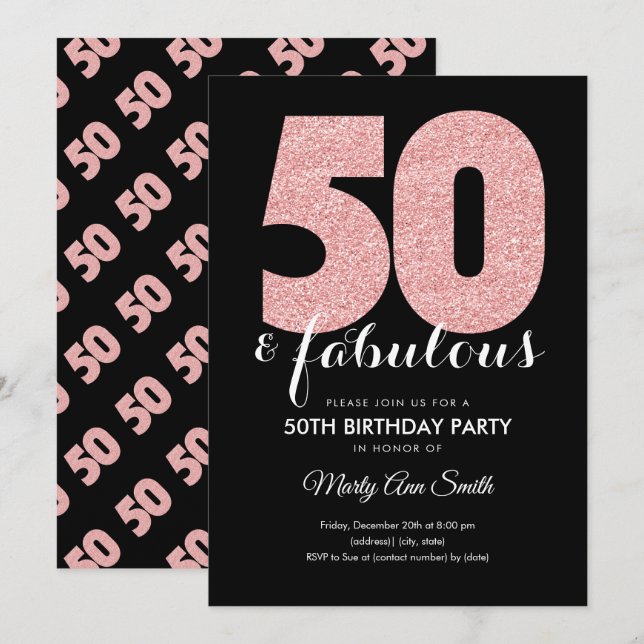Invitación Rosa Gold Purpurina 50 y fabulosa fiesta de cumple (Anverso / Reverso)