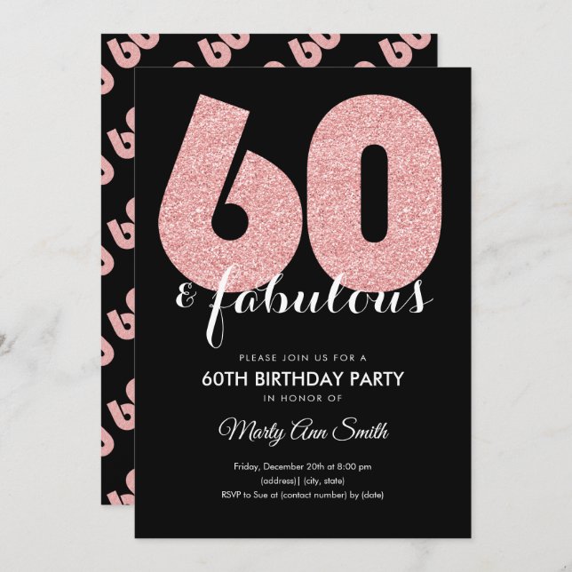 Invitación Rosa Gold Purpurina 60 y fabulosa fiesta de cumple (Anverso / Reverso)