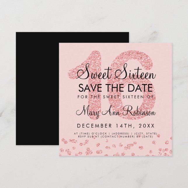 Invitación Rosa Gold Purpurina Confetti Sweet 16 Guardar La F (Anverso / Reverso)