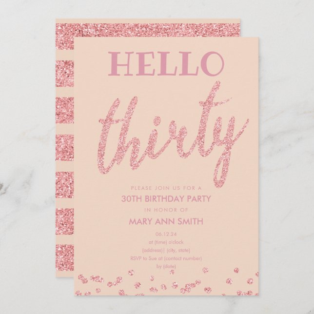Invitación Rosa Gold Purpurina de Rubor "Hello Thirty" Cumple (Anverso / Reverso)