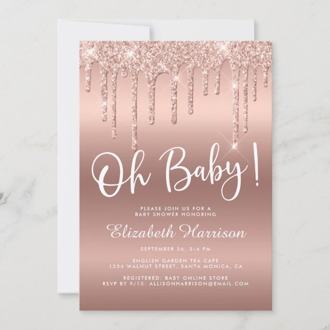 Invitación Rosa Gold Purpurina Drip Baby Shower (Anverso)