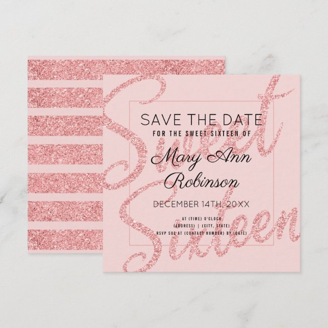 Invitación Rosa Gold Purpurina Glam Sweet 16 Save Date (Anverso / Reverso)