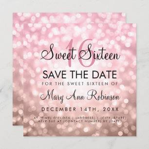 Invitación Rosa Gold Purpurina Luces Sweet 16 Save The Date