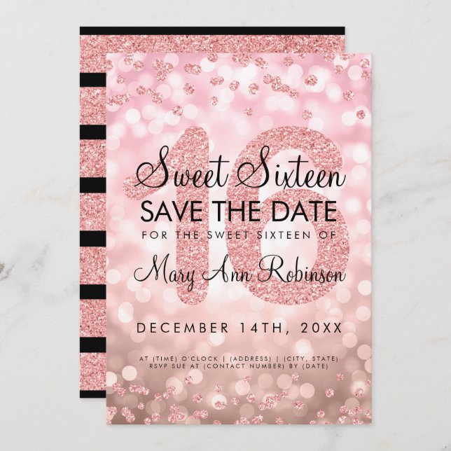 Invitación Rosa Gold Purpurina Luces Sweet 16 Save The Date (Anverso / Reverso)