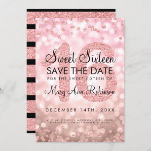 Invitación Rosa Gold Purpurina Luces Sweet 16 Save The Date